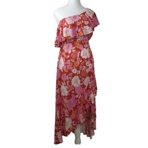 EBBy anD I .  One shoulder Tropical  Floral Dress. Midi. Red with pink. Size 10